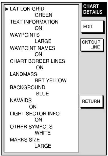 LAT LON GRID GREEN TEXT INFORMATION ON WAYPOINTS LARGE WAYPOINT NAMES ON CHART BORDER LINES ON LANDMASS BRT YELLOW BACKGROUND BLUE NAVAIDS ON LIGHT SECTOR INFO ON OTHER SYMBOLS WHITE MARKS SIZE LARGE CHART DETAILS EDIT CNTOUR LINE RETURN
