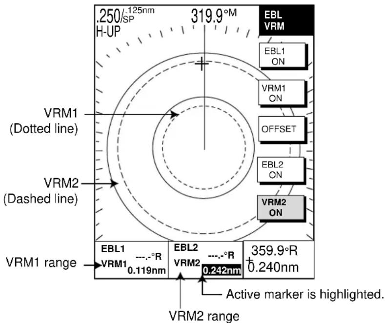 .250/125nm H-UP 319.9°M EBL VRM EBL1 ON VRM1 ON OFFSET EBL2 ON VRM2 ON VRM1 (Dotted line) VRM2 (Dashed line) VRM1 range EBL1 ---.°R VRM1 0.119nm EBL2 ---.°R VRM2 0.242nm 359.9°R +0.240nm Active marker is highlighted. VRM2 range
