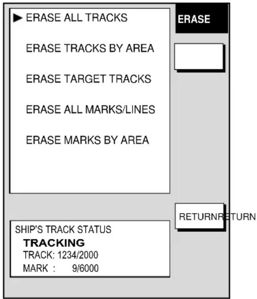 ▶ ERASE ALL TRACKS ERASE TRACKS BY AREA ERASE TARGET TRACKS ERASE ALL MARKS/LINES ERASE MARKS BY AREA SHIP'S TRACK STATUS TRACKING TRACK: 1234/2000 MARK : 9/6000 ERASE RETURNRETURN