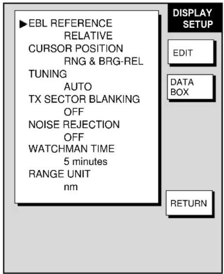 EBL REFERENCE RELATIVE CURSOR POSITION RNG & BRG-REL TUNING AUTO TX SECTOR BLANKING OFF NOISE REJECTION OFF WATCHMAN TIME 5 minutes RANGE UNIT nm DISPLAY SETUP EDIT DATA BOX RETURN