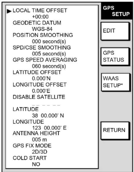 LOCAL TIME OFFSET +00:00 GEODETIC DATUM WGS-84 POSITION SMOOTHING 000 second(s) SPD/CSE SMOOTHING 005 second(s) GPS SPEED AVERAGING 060 second(s) LATITUDE OFFSET 0.000'N LONGITUDE OFFSET 0.000'E DISABLE SATELLITE LATITUDE 38 00.000' N LONGITUDE 123 00.000' E ANTENNA HEIGHT 005 m GPS FIX MODE 2D/3D COLD START NO GPS SETUP EDIT GPS STATUS WAAS SETUP* RETURN