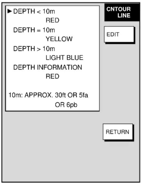 DEPTH < 10m RED DEPTH = 10m YELLOW DEPTH > 10m LIGHT BLUE DEPTH INFORMATION RED 10m: APPROX. 30ft OR 5fa OR 6pb CNTOUR LINE EDIT RETURN