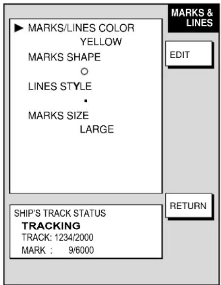 MARKS & LINES YELLOW MARKS SHAPE ○ LINES STYLE ▪ MARKS SIZE LARGE SHIP'S TRACK STATUS TRACKING TRACK: 1234/2000 MARK : 9/6000 EDIT RETURN