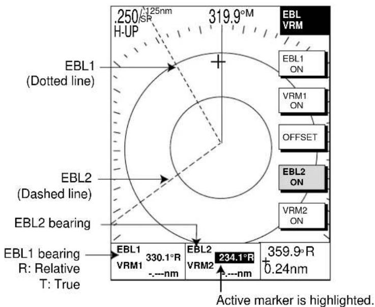 .250 125nm H-UP 319.9°M EBL VRM EBL1 (Dotted line) EBL1 ON VRM1 ON OFFSET EBL2 ON VRM2 ON EBL2 (Dashed line) EBL2 bearing EBL1 bearing R: Relative T: True 330.1°R -.-nm EBL2 VRM2 234.1°R -.-nm 359.9°R +0.24nm Active marker is highlighted.