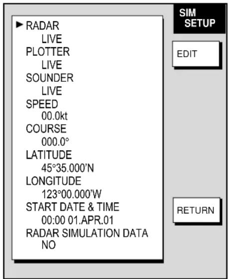 RADAR LIVE PLOTTER LIVE SOUNDER LIVE SPEED 00.0kt COURSE 000.0° LATITUDE 45°35.000'N LONGITUDE 123°00.000'W START DATE & TIME 00:00 01.APR.01 RADAR SIMULATION DATA NO SIM SETUP EDIT RETURN