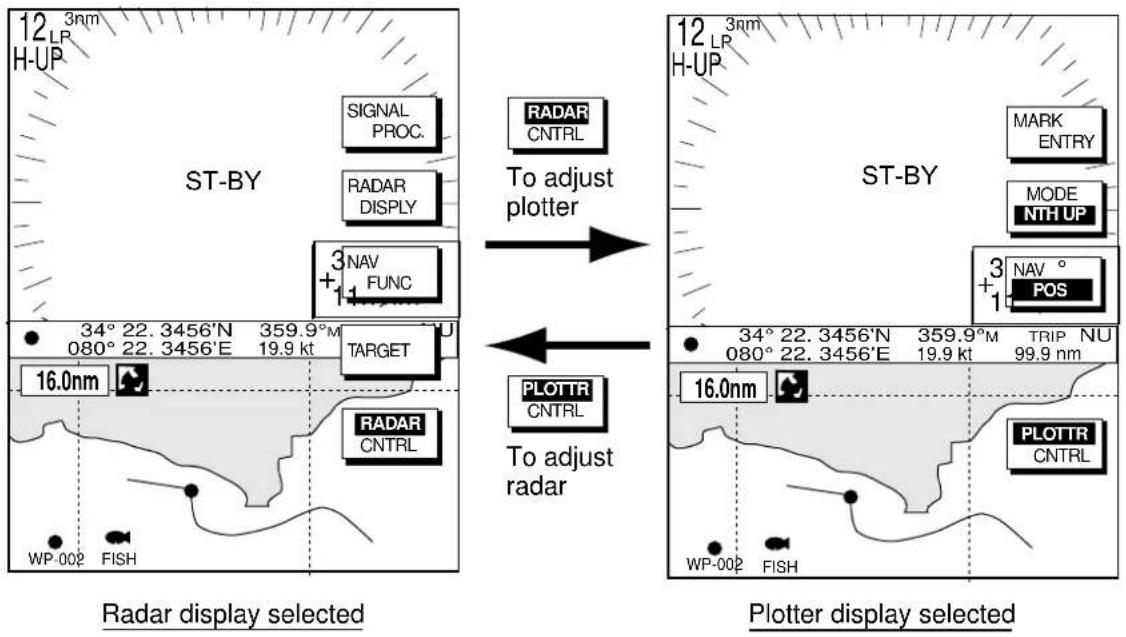 12 3nm LP H-UP ST-BY SIGNAL PROC. RADAR DISPLAY 3 NAV +1 FUNC 16.0nm 080° 22. 3456'N 359.9°M 19.9 kt Radar CNTRL To adjust plotter 12 3nm LP H-UP ST-BY MARK ENTRY MODE NTH UP 3 NAV ° POS 16.0nm 080° 22. 3456'E 359.9°M TRIP NU 19.9 kt 99.9 nm PLOTTR CNTRL WP-002 FISH Plotter display selected Radar display selected Plotter display selected