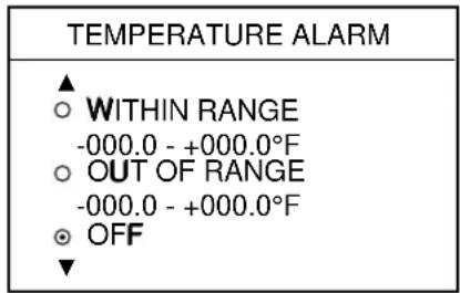 TEMPERATURE ALARM ▲ ○ WITHIN RANGE -000.0 - +000.0°F ○ OUT OF RANGE -000.0 - +000.0°F ● OFF ▼