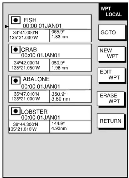 FISH 00:00 01JAN01 34°41.000'N 065.9" 135°21.030'W 1.83 nm CRAB 00:00 01JAN01 34°42.000'N 050.9" 135°21.050'W 1.98 nm ABALONE 00:00 01JAN01 35°47.010'N 350.9" 135°21.000'W 3.80 nm LOBSTER 00:00 01JAN01 38°44.300'N 144.9" 135°21.010'W 4.93nm WPT LOCAL GOTO NEW WPT EDIT WPT ERASE WPT RETURN