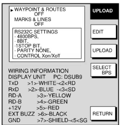 WAYPOINT & ROUTES OFF MARKS & LINES OFF RS232C SETTINGS · 4800BPS, · 8BIT, ·1STOP BIT, ·PARITY NONE, ·CONTROL Xon/Xoff WIRING INFORMATION DISPLAY UNIT PC: DSUB9 TxD >1>-WHITE-<22>-BLUE -<33>-YELLOW RD-B >4>-GREEN +12V >5>-RED EXT BUZZ >6>-BLACK GND >7>-SHIELD-<5