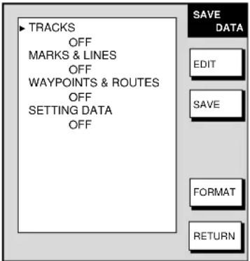 TRACKS OFF MARKS & LINES OFF WAYPOINTS & ROUTES OFF SETTING DATA OFF SAVE DATA EDIT SAVE FORMAT RETURN