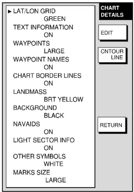 LAT/LON GRID GREEN TEXT INFORMATION ON WAYPOINTS LARGE WAYPOINT NAMES ON CHART BORDER LINES ON LANDMASS BRT YELLOW BACKGROUND BLACK NAVAIDS ON LIGHT SECTOR INFO ON OTHER SYMBOLS WHITE MARKS SIZE LARGE CHART DETAILS EDIT CNTOUR LINE RETURN
