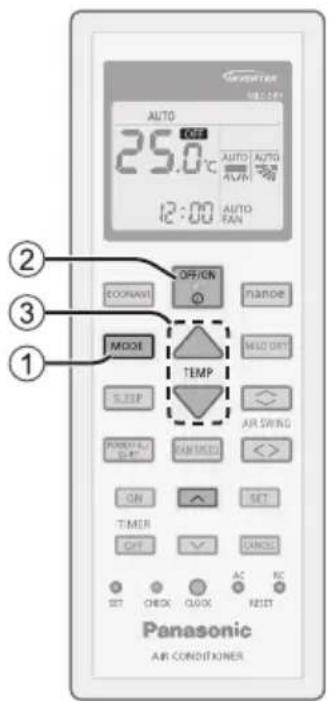 25.0°C 12:00 AUTO FAN OFF/ON DOORANT MANGE MODE TEMP SLEEP MID DRY AIR SWING PANIMAL AVIRED ON SET TIMER CHF CANCEL SET CHECK CLOCK RESET Panasonic AIR CONDITIONER