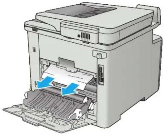 HP LaserJet Pro M477fnw - Ta bort pappertrassel i den bakre luckan och runt fixeringsenheten - 3