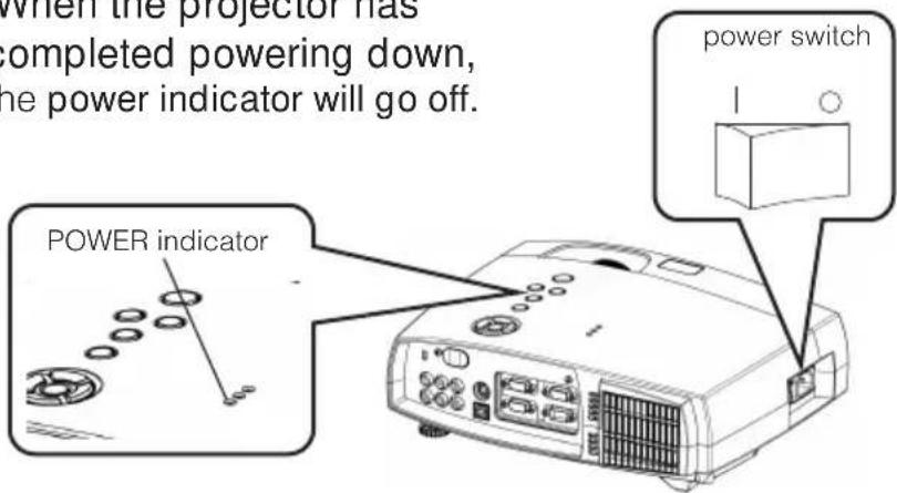 When the projector has completed powering down, the power indicator will go off. POWER indicator power switch