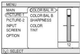 MENU MAIN PICTURE-1 PICTURE-2 INPUT SCREEN OPTION COLOR BAL R COLOR BAL B SHARPNESS COLOR TINT 12 : SELECT