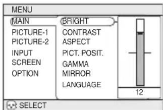 MENU MAIN BRIGHT PICTURE-1 CONTRAST PICTURE-2 ASPECT INPUT PICT. POSIT. SCREEN GAMMA OPTION MIRROR LANGUAGE 12 SELECT