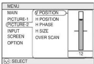 MENU MAIN PICTURE-1 PICTURE-2 INPUT SCREEN OPTION V POSITION H POSITION H PHASE H SIZE OVER SCAN 12 : SELECT