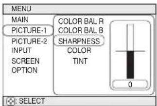 MENU MAIN PICTURE-1 PICTURE-2 INPUT SCREEN OPTION COLOR BAL R COLOR BAL B SHARPNESS COLOR TINT 0 SELECT