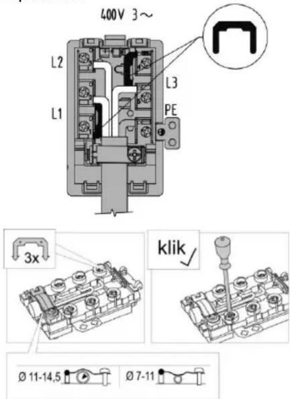 400V 3~ L2 L1 L3 PE 3x klik Ø 11-14,5 Ø 7-11