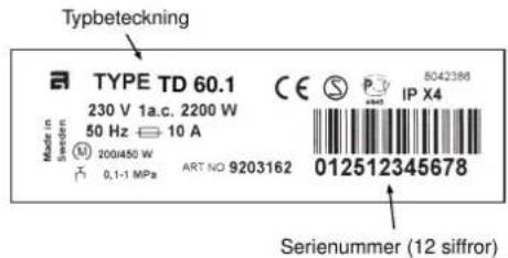 Typbeteckning TYPE TD 60.1 230 V 1a.c. 2200 W 50 Hz 10 A Made in Sweden 200450 W 0,1-1 MPa ART NO 9203162 8042388 IP X4 012512345678 Serienummer (12 siffror)