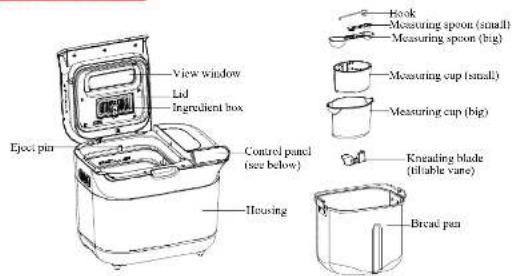 Eject pin View window Lid Ingredient box Control panel (see below) Housing Hook Measuring spoon (small) Measuring spoon (big) Measuring cup (small) Measuring cup (big) Kneading blade (tilable vane) Bread pan