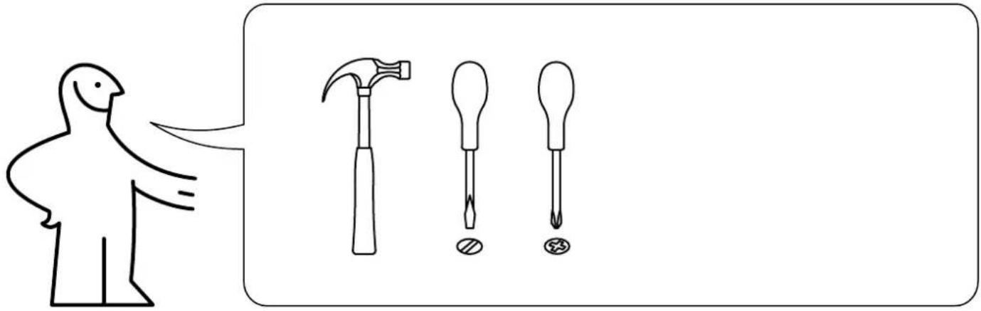 Illustration showing a bird pointing to three different tools: a hammer, a screwdriver, and a screwdriver with a circular base.