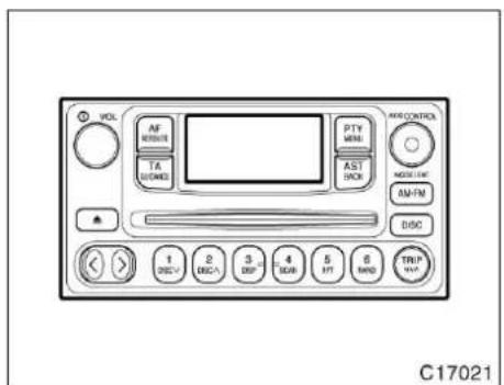 VOL AF RESET TA LOAD PTY MENU AST DON OFF/CONTROL MUSIC/LIF AM/FM DISC 1 DISC 2 DISC 3 DISP 4 SOM 5 MT 6 RAND TRIP **# C17021