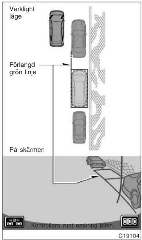 Verklight läge Förlangd grön linje På skärmen Kontrollera runt omkring bilen. C19104