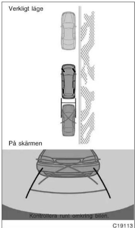 Verkligt läge På skärmen Kontrollera runt omkring bilen. C19113