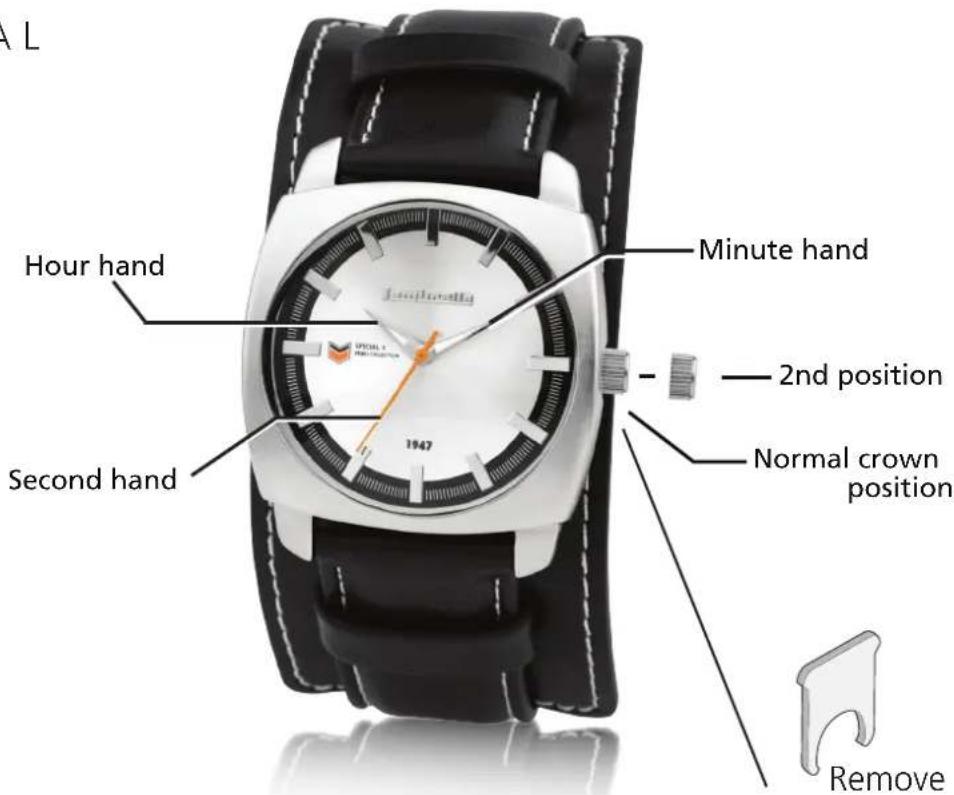 A L Hour hand Minute hand 2nd position Second hand Normal crown position 1947 Remove