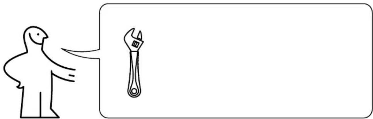 Simple line drawing of a bird pointing at an adjustable wrench (no text or symbols)