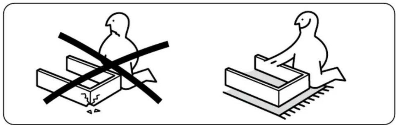 Two illustrations of birds on different platforms, one with a cross and the other with a smiling bird (no text or symbols)