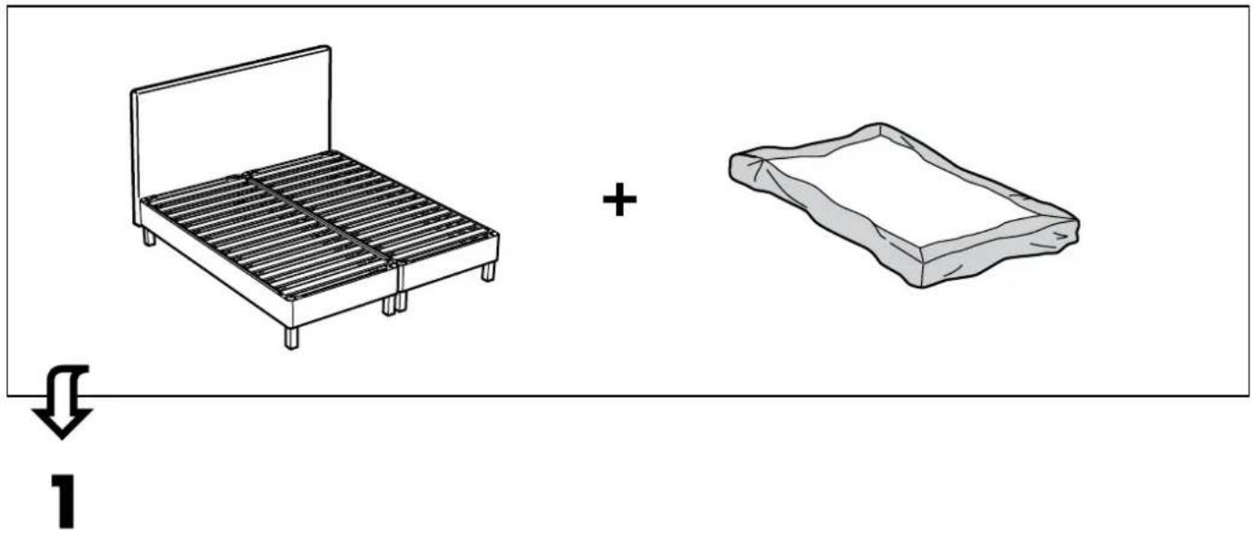 Illustration of a bed with slats and a + button, plus a textured cushion (no text or symbols)