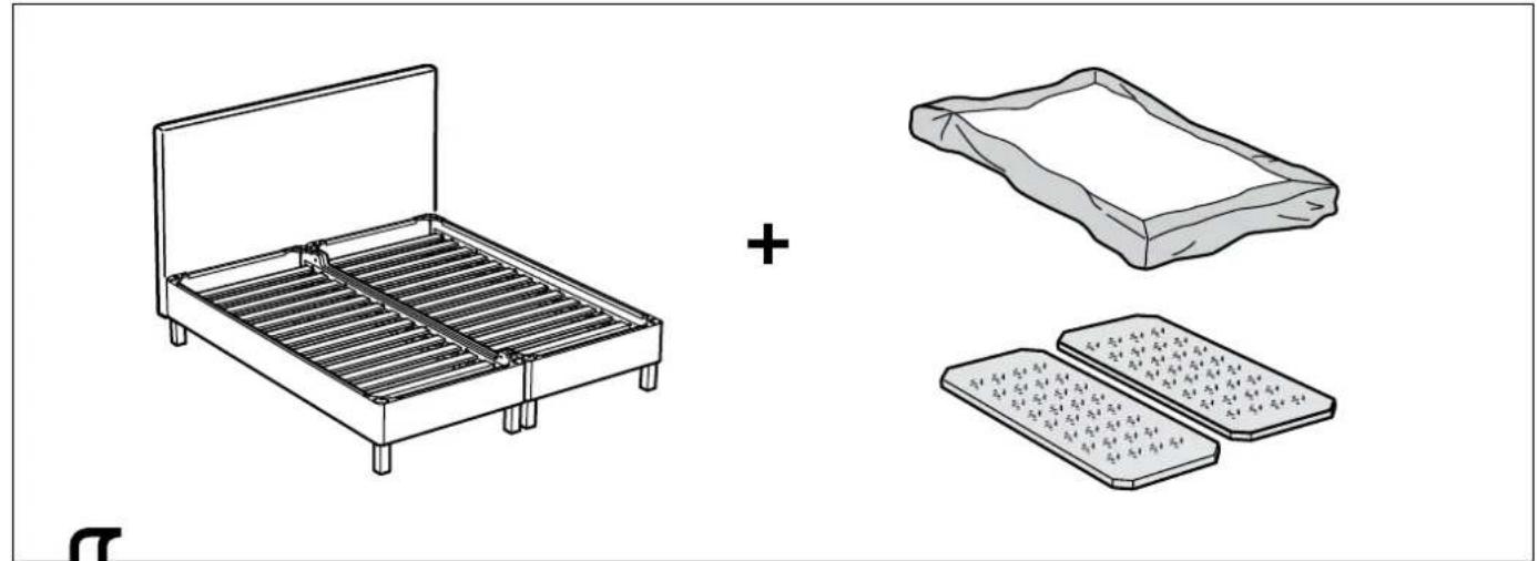 Illustration of a bed with slats, a plus sign, and two open trays (no text or symbols)
