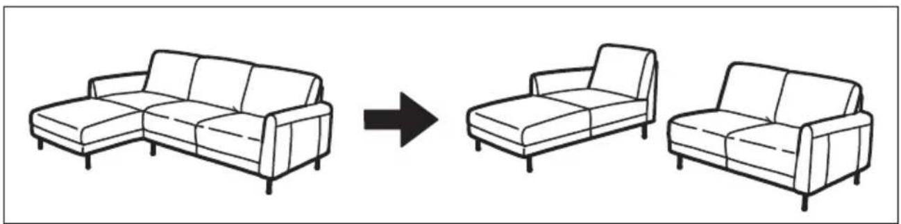 Line drawing of a two-seater sofa arrangement before and after transformation (no text or symbols)