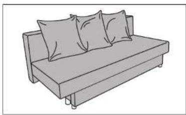 Line drawing of a sofa with three pillows on a two-panel side table (no text or symbols)