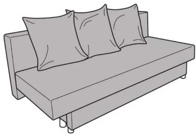 Line drawing of a simple sofa with four pillows on top (no text or symbols)
