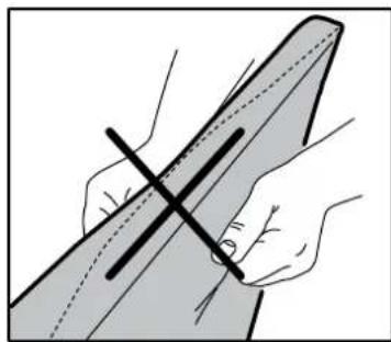 Illustration of hands holding a flat object with intersecting lines (no text or symbols)
