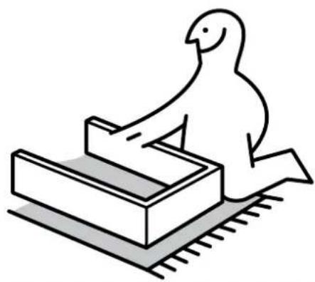 Simple line drawing of a bird interacting with a laptop (no text or symbols)