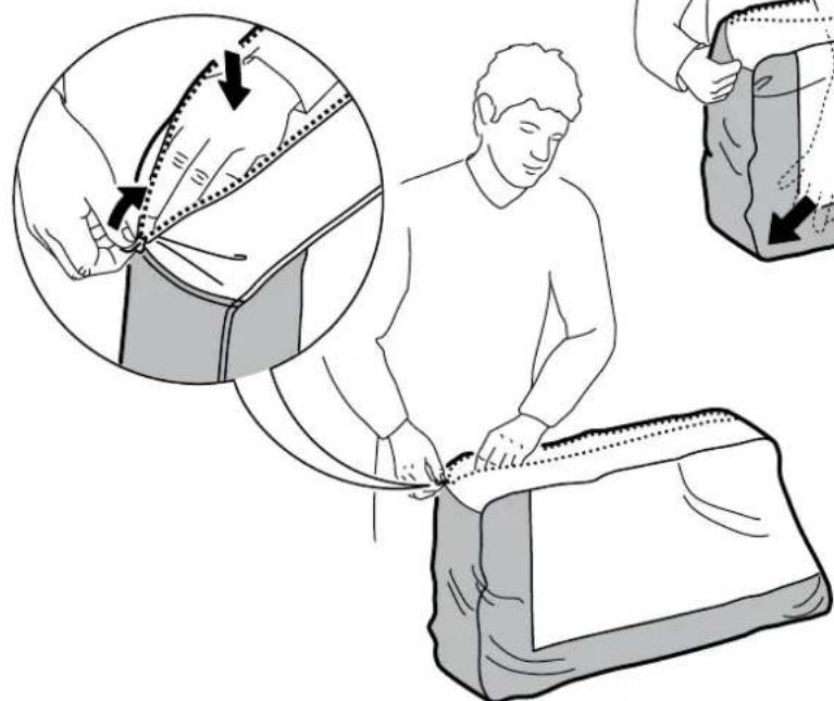 Illustration showing a person cutting down a blanket with a magnified inset illustrating the technique (no text or symbols present)