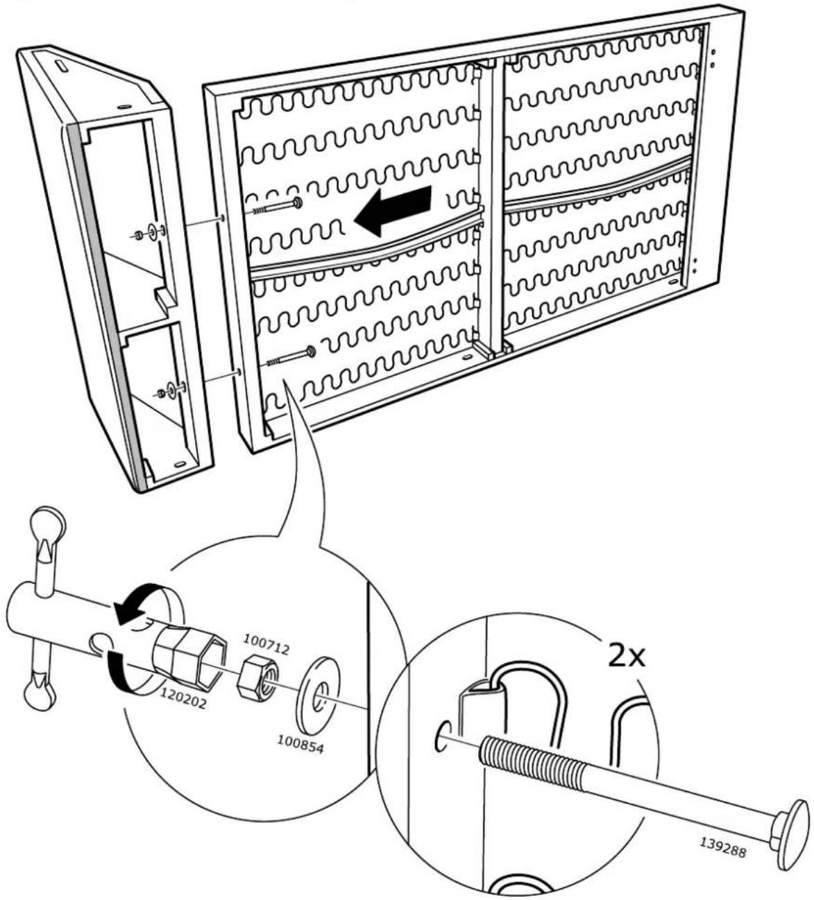 Technical diagram showing installation of a wall-mounted device with labeled components and dimensions