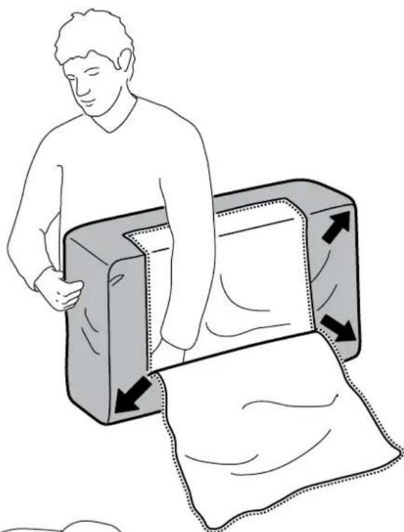 Illustration of a person handling a large rectangular object with arrows indicating motion or movement, next to a dotted sheet of fabric (no text or symbols)