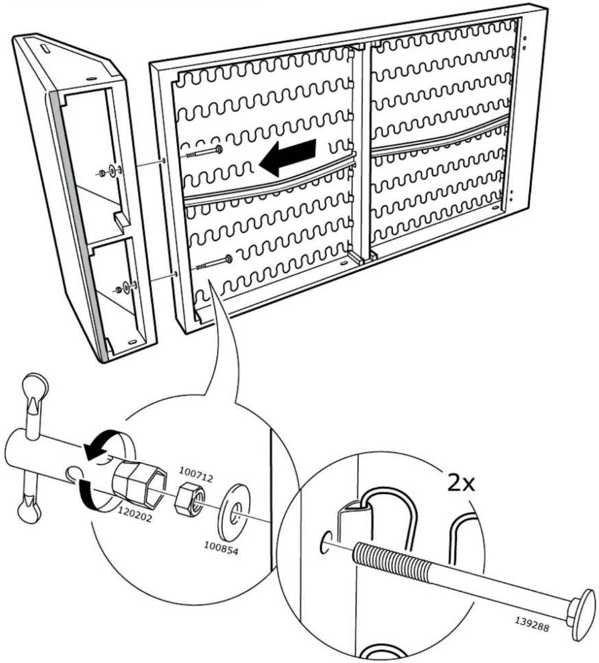 Technical diagram showing installation of a wall-mounted device with labeled components and dimensions