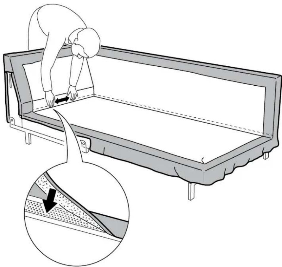 Illustration of a person bending over a bed frame with an inset showing the down force on the floor (no text or symbols)
