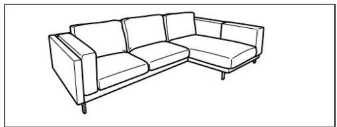Line drawing of a single L-shaped sofa with four legs and one armrest (no text or symbols)