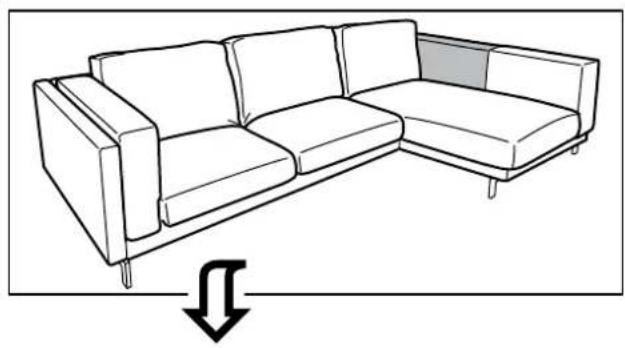 Line drawing of a U-shaped sofa with one side highlighted, showing internal seating arrangement and a downward arrow indicating rotation (no text or symbols)