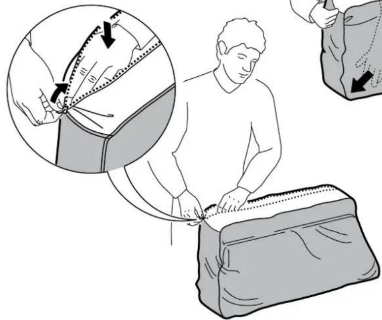 Illustration showing garment measurement steps with magnified detail of the step and directional arrows indicating movement direction.
