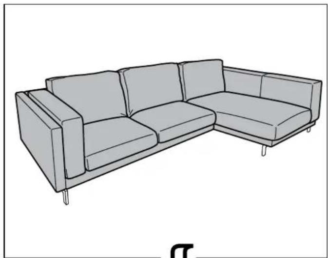 Line drawing of a single L-shaped sofa with visible ribs and seat covers (no text or symbols)