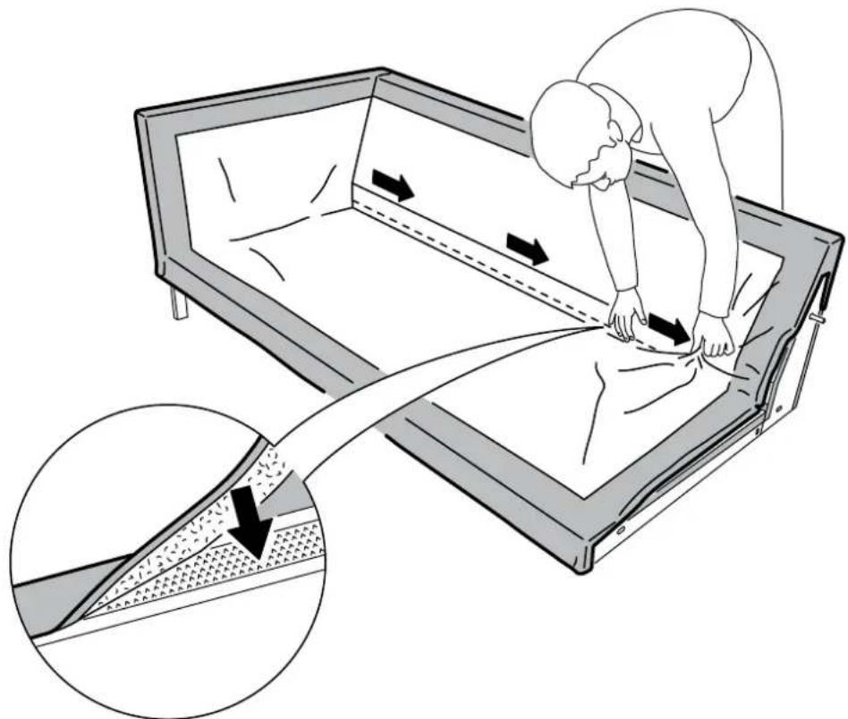 Diagram illustrating a person performing a physical maneuver with directional arrows indicating movement, accompanied by magnified cross-sections showing material layers.