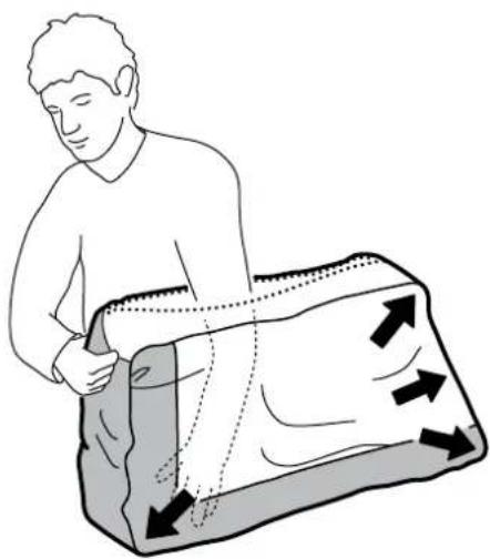 Illustration of a person handling a large object with directional arrows indicating movement or force (no text or symbols)